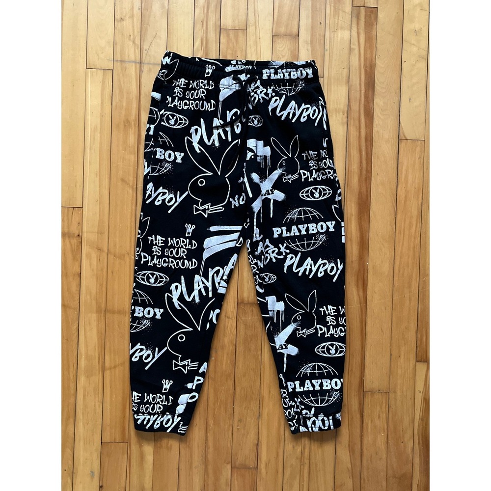 Playboy All Over Print Jogger Sweatpants Black White Mens Size M